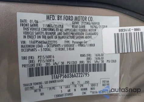 2006 Ford Taurus Sel z USA, uszkodzony, nr VIN 1FAFP56U36A222795
